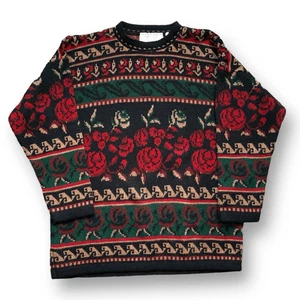Vintage 90er Pullover rot rose dunkel Blumen Strickpullover schwarz grün Made in USA  - Bild 1 von 10