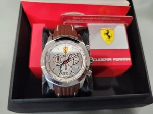 SCUDERIA FERRARI F1 PADDOCK SILVER BROWN LEATHER STRAP CHRONOGRAPH MEN'S WATCH - Picture 1 of 15