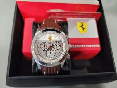 SCUDERIA FERRARI F1 PADDOCK SILVER BROWN LEATHER STRAP CHRONOGRAPH MEN'S WATCH - image 1 of 4
