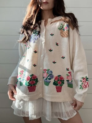 Suéter Vintage Novedad Quaker Factory Cárdigan Amantes del Jardín 1X  Foto 1 de 4