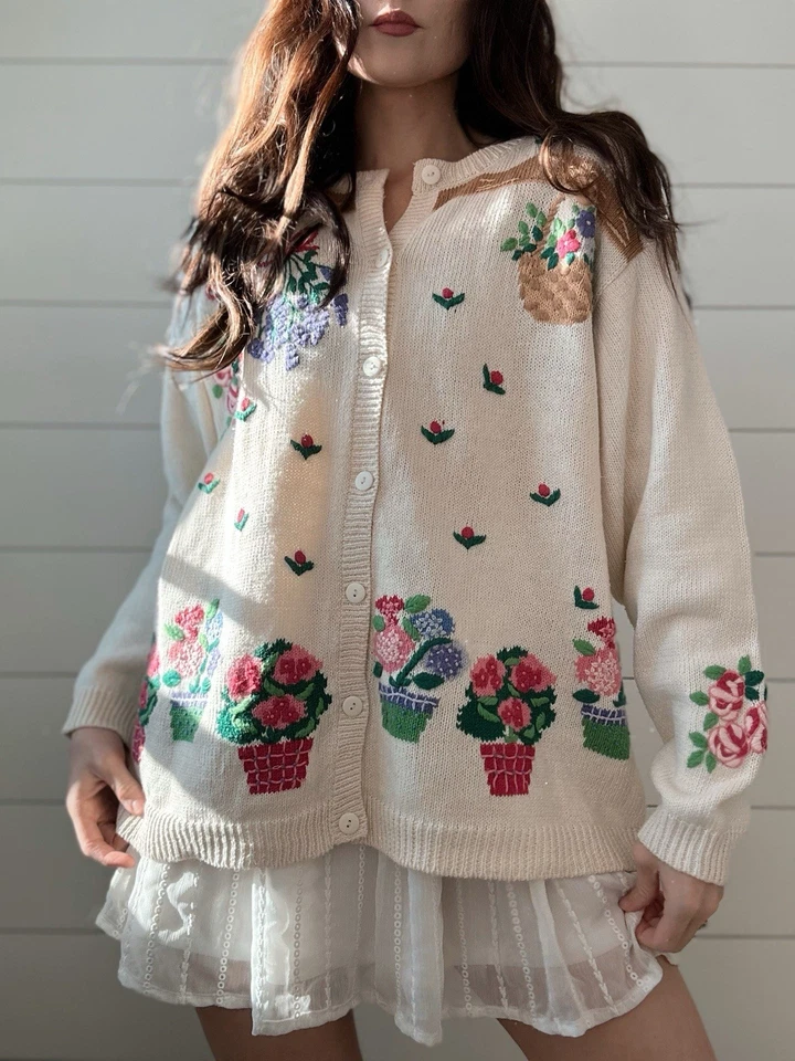 Vintage Novelty Sweater Quaker Factory Cardigan Garden Lovers 1X  - Image 1 of 4