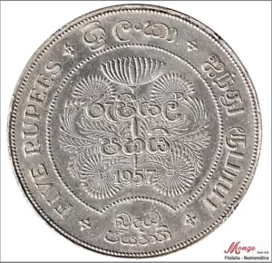 Ceylon 5 Rupie 1957 / 2500 Anni Buddismo / 28,27 Gr. Argento EBC- / XF- - Foto 1 di 2