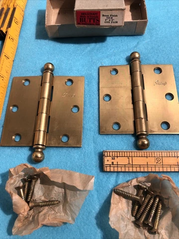 2 Old Skillcraft Door Hinges Butts Cannon Ball Top 3”x3” Vintage NOS Store Stock Cover