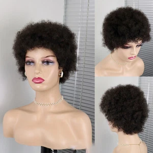 Pelucas de cabello humano afro cortas esponjosas rizadas pelucas negras disfraz pelucas años 70 80 peluca negra - Imagen 1 de 12