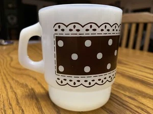 Fire King Anchor Hocking White Milk Glass Brown Polka Dot Lace Mug Vintage - Picture 1 of 6