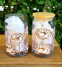 Drinking Glass - Can Shaped Glass Cups 16oz Beer Glasses, Tumbler Cup, Peony