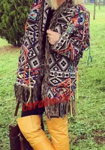 A444 ZARA KIMONO FRINGED TRIBAL AZTEC EMBROIDERED BLAZER COAT JACKET - S - Picture 1 of 17