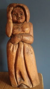 Large Antique Signed Folk Art Heavy Wood Carving Pilgrim Women - Picture 1 of 6