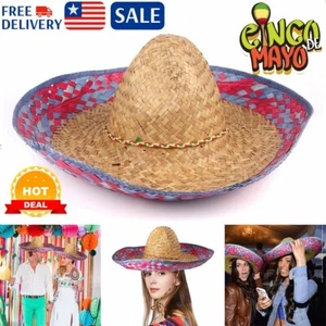 Autentico cappello sombrero messicano 18" paglia con finiture serapiche per festa Cinco De Mayo - Foto 1 di 9