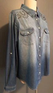 B.L.E.U. New Two Tone Embellished Denim Button Up Roll Tab Long Sleeve Shirt - Picture 1 of 12