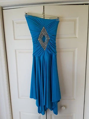 Cache Ladies Teal with Rhinestones Size 4 Strapless Coctail Dress  - Image 1 of 4