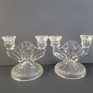 IRIS & HERRINGBONE Pair Clear Double Candle Holder JEANETTE GLASS Candlestick - Picture 1 of 8
