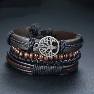 Herren Armband Schwarz Echtes Leder Lebensbaum Biker Breit Männer Geschenk - Bild 1 von 4