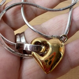 VINTAGE GOLD & STERLING SILV HEART SNAKE NECKLACE - Picture 1 of 21