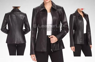 Chaqueta de cuero genuino negra estilo moto hecha a mano para mujer motociclista corredor café Foto 1 de 4