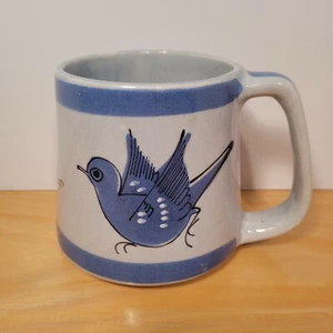 Mexican Pottery Mug Tonala Jalisco Mexico Bird Floral Blue Ceramic Signed VG - Picture 1 of 7