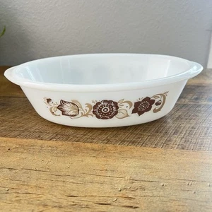Vintage Glasback Oval Auflaufform Schüssel Weiß mit Braun Blumen USA - Bild 1 von 6