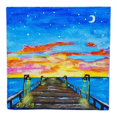 Sunset River 原创绘画 3D 半抽象艺术手工墙艺术 4x4 英寸 — 第 1/4 张图片