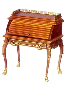 Platinum Collection - Dollhouse Miniature Rolltop Desk in Walnut/Gold Trim - Picture 1 of 1