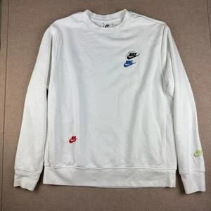 Nike Multi Logo Crew Sweatshirt L White Embroidered Swoosh Pullover Unisex - Picture 1 of 13