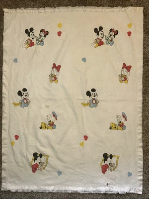 VTG Dundee Walt Disney Mickey Minnie Baby Hearts Cotton Blanket Satin Trim - Image 1 of 4