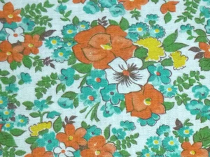 Vtg Feedsack Fabric Full Open Orange Turquoise Yellow Floral Pansies 38.5x46" - Picture 1 of 11