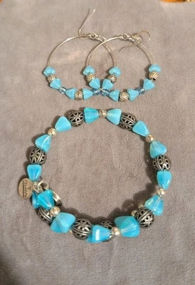 Alex & Ani Aqua 银色玻璃裹身手链耳环套装复古 66 — 第 1/2 张图片