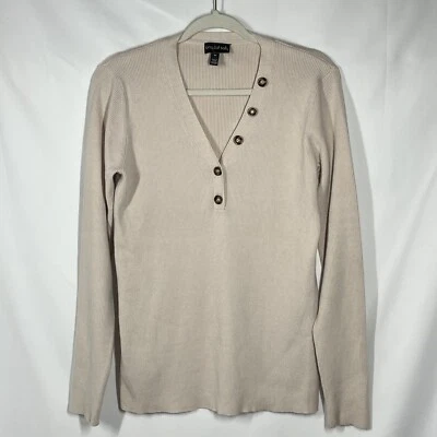 Suéter Jersey Largo Alto Sally LTS Acanalado Cuello en V Cuello Botón LS Beige Talla M Foto 1 de 4