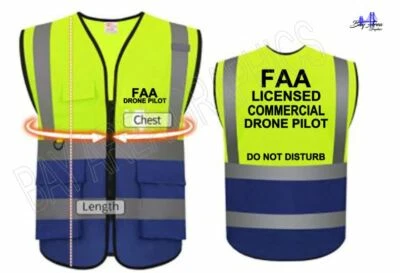  LICENSED DRONE Vest Safety YELLOW-BLUE REFLECTIVE POCKETS High Visibility  - Image 1 of 4