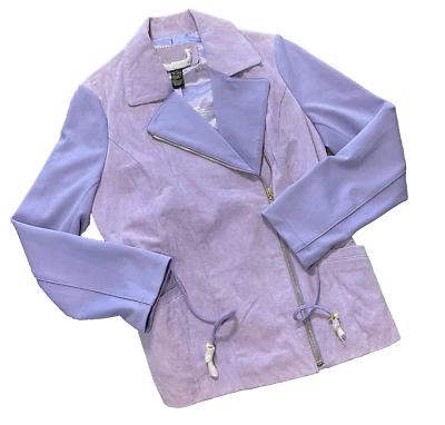 NWT IMAN Genuine Suede Leather Lilac Purple Knit Sleeve Moto Zipper Jacket Small - Image 1 of 4