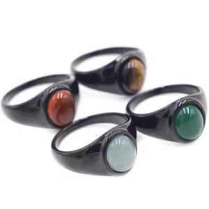 Black Vintage Round Stone Retro Wedding Ring Stainless Steel Biker Pinky Ring - Picture 1 of 12