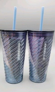 Starbucks 2023 Blue Purple Ombre Swirl Sheen Glas Tumbler Strohhalm Neu 18 Oz Set 2 - Bild 1 von 10