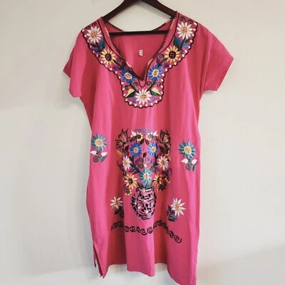 Mexican Women Mini Dress Hand Embroidered Tunic Mexican Multicolor Sz M Tie Boho - Image 1 of 4