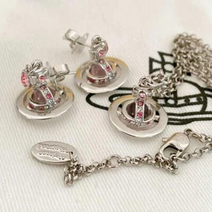 Vivienne Westwood Petite Orb Pink Silver Necklace Earrings Set NO BOX - Picture 1 of 2