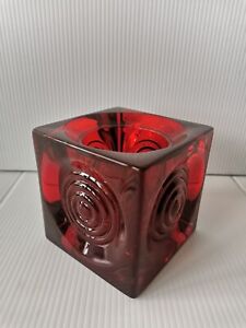 Red Viking glass bullseye candle holder Votive Cube w/label 