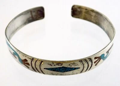 HB Sterling Silver Kokopelli Inlay Cuff Bracelet Crushed Turquoise and Coral 925 - Image 1 of 4