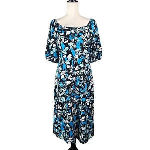 Damen Midikleid mit Blumenmuster und Puffärmeln Größe M schwarz & blau Freizeit Karriere - Bild 1 von 12