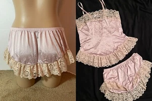 Vtg M Girly SILKY Soft NYLON Panty CAMISOLE Lingerie Set Frilly Lace Blush - Picture 1 of 11