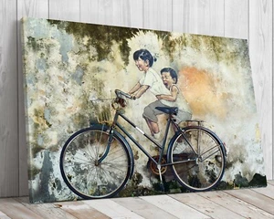 Niños en bicicleta graffiti estilo banco arte de pared montado en lona impresión lista para colgar - Imagen 1 de 7