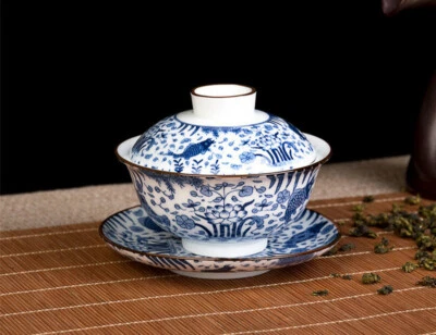 Puré de porcelana china Jingdezhen azul y blanco cerámica gaiwan con tazón tapete Foto 1 de 4