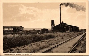 Luzerne Mahlzeit Mühle Riverton Wyoming Postkarte Eisenbahn Schienen, Stapel, Wasserturm - Bild 1 von 2