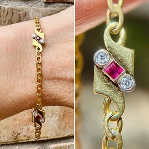 Vintage 18K 14K Gold Diamond Red Spinel Art Nouveau Revival Bracelet 1973 London - Picture 1 of 18