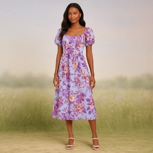 Lulus Adorable Tendencies Periwinkle Floral Puff Sleeve Midi Dress  XL Milkmaid - Picture 1 of 16