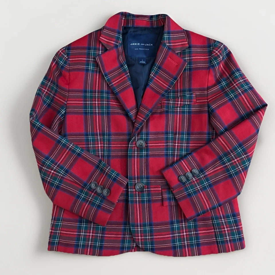 Blazer Janie and Jack Niño Rojo Tartán Lana Talla 5 Navidad Vacaciones Preppy Cuadros Foto 1 de 4