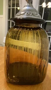 Vintage ARTLAND Amber Apothecary Jar Canister Large Pewter Lid Ribbed EUC - Picture 1 of 3