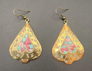 Vintage Türkis Koralle Navajo Kupfer Träne Haken Ohrhänger - Bild 1 von 8