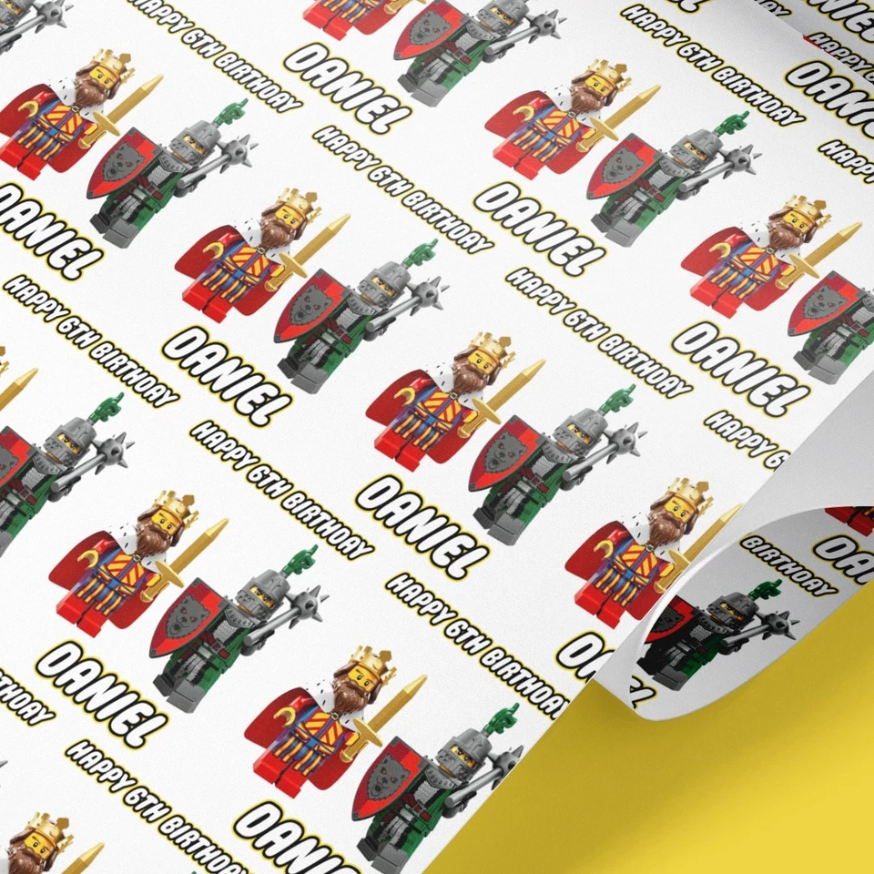 Personalised Lego Knight & King Wrapping Paper – Custom Name Gift Wrap for Kids - Image 1 of 4