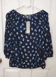 Daisy Fuentes Damen Shirt, Medium, blau, geblümt, 3/4 Ärmel, Gummibund, neu - Bild 1 von 7