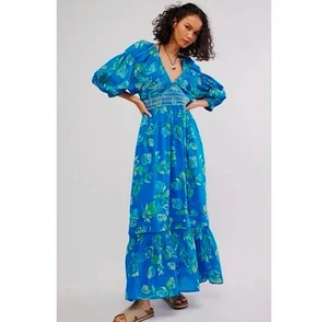 Maxi abito Free People Golden Hour taglia small blu verde floreale scollo a V manica 3/4 - Foto 1 di 10