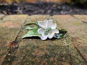 Spilla vintage in porcellana dipinta a mano con fiori in legno di cane - Foto 1 di 8